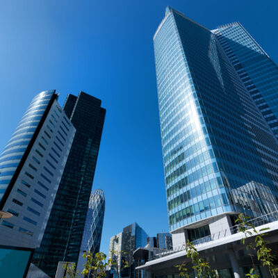 Modern business district in Paris and clear blue sky, France