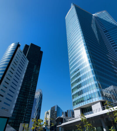 Modern business district in Paris and clear blue sky, France